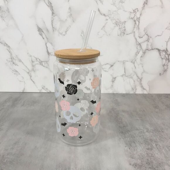 Halloween Glass Cup| Fall Iced Coffee Glass| Pastel Skeleton Floral Glass Tumble - Picture 1 of 1